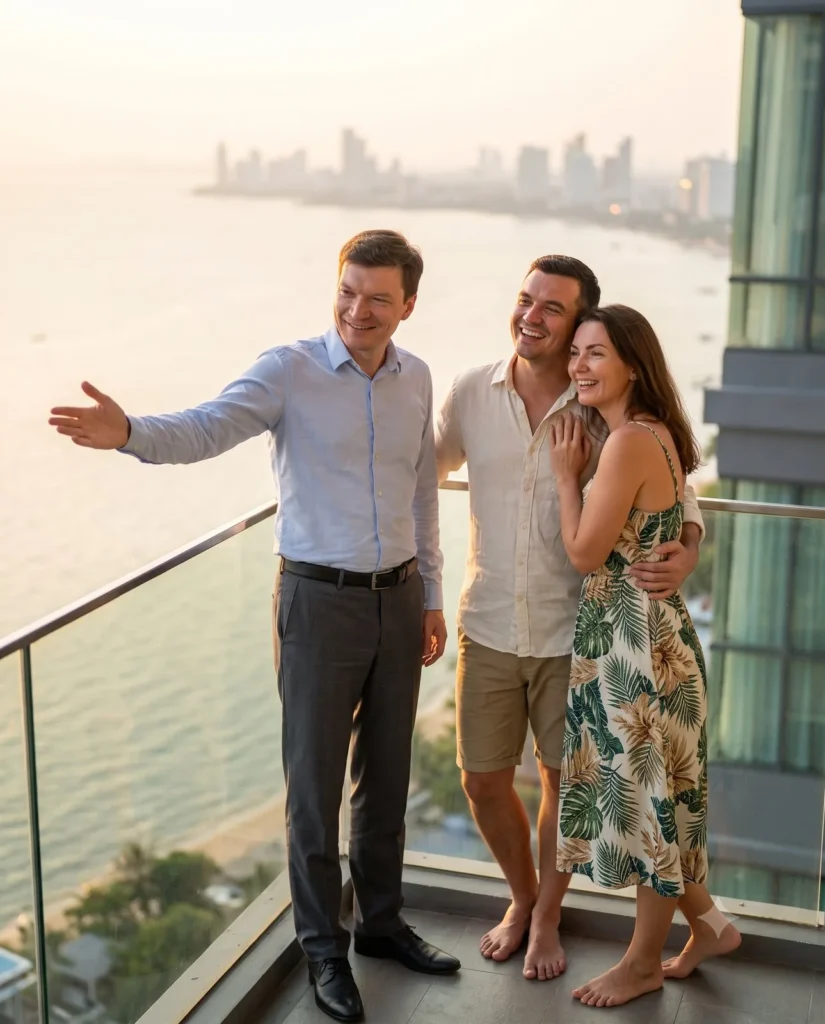 Matthias Bayer mit zufriedenen Kunden auf dem Balkon, Sky Thai Property